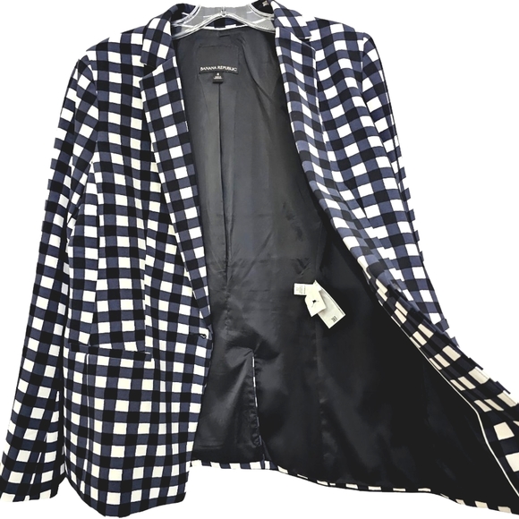 Nwot Banana Republic Dark Navy Black/White Gingham Collared Blazer - Picture 6 of 17